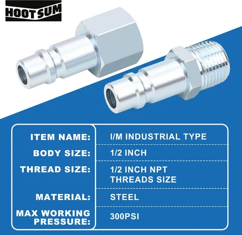 Miniatura 3 de Juego de accesorios de manguera de aire de 1/2 pulgada, acoplador de tipo industrial I/M de alto flujo con MNPT de 1/2 pulgada, 2 enchufes con 1/2