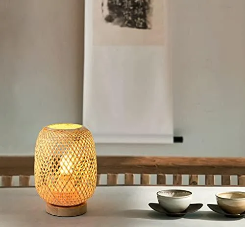 Miniatura 7 de Lámpara de mesa de escritorio de bambú con base de madera y exquisita pantalla de lámpara, ideal para combinar con cualquier decoración moderna