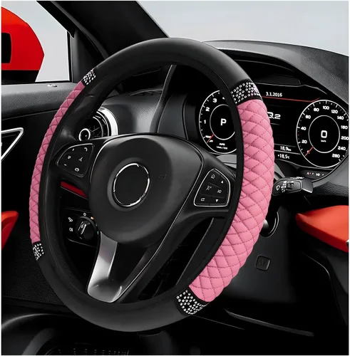 Miniatura 13 de Funda para volante de coche brillante, protector de volante de 15 pulgadas con diamantes de imitación de cuero suave, fundas de volante auto