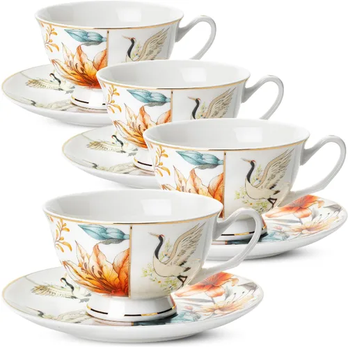 Juego de 4 tazas de té florales de porcelana Brew To A Tea, 8 onzas, juego de taza y platillo, juego de 4 tazas de té