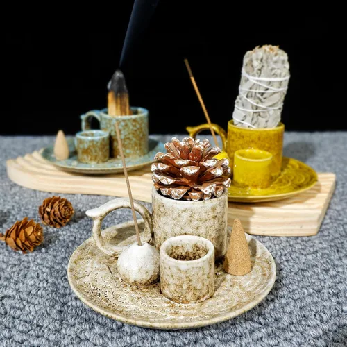 Miniatura 5 de MOUGIGI Quemador/Soporte de Palo Santo de Cerámica 5 en 1 Azul - Pequeño Portavelas y Bandeja/Cuenco para Quemar Sahumerios, Compatible con Plato
