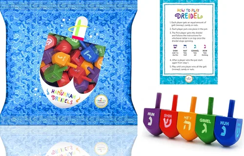The Dreidel Company Dreidels de madera multicolor de tamaño mediano Hanukkah Draydels con transliteración en inglés (paquete de 10)