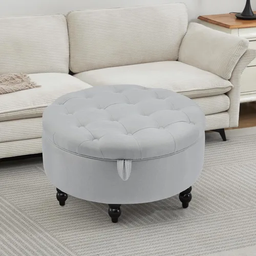 Miniatura 9 de Otomana de almacenamiento redonda de cuero PU de 30 pulgadas con bandeja, mesa de centro moderna tapizada con capitoné con almacenamiento, otomana