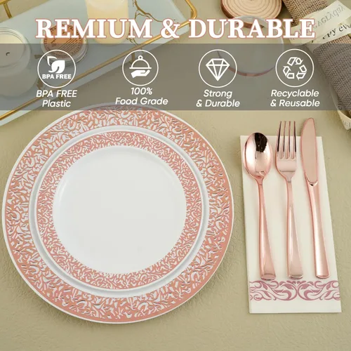 Miniatura 4 de FOCUSLINE Juego de vajilla de oro rosa de 350 piezas para 50 invitados, platos de plástico de encaje de oro rosa desechables resistentes, incluye 50