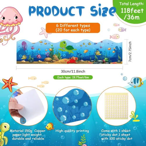 Miniatura 2 de Containlol Bordes para decoración de tablón de anuncios, 118 pies de borde festoneado con tema oceánico para tablón de anuncios de aula