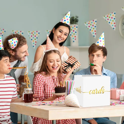 Miniatura 7 de 1 Paquete Caja de Tarjetas Negra y Dorada para Fiesta, Caja de Tarjetas de Regalo Negra de 8.7" para Cumpleaños, Boda, Baby Shower, Jubilación