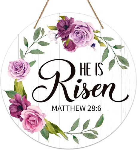 SICOHOME Decoración de Pascua con texto en inglés "He is Risen" de 11.8 pulgadas, letrero religioso cristiano, decoración floral vintage para puerta