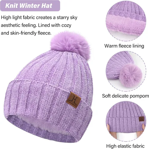 Miniatura 2 de Gorros de invierno para mujer, bufanda, calentador de cuello, guantes de pantalla táctil, con forro polar cálido, gorras de calavera de punto