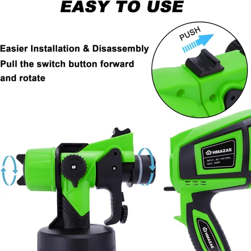 Miniatura 5 de Pulverizador de pintura, pistola eléctrica HVLP de 800 W con juntas de limpieza/soplado, 3 boquillas de 3 patrones y recipiente de 47.3 fl oz