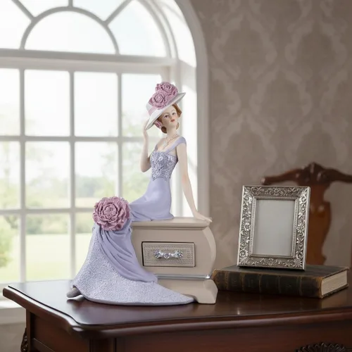 Miniatura 5 de Comfy Hour Figura de vestido de dama victoriana en lavanda, elegante estatua de mujer sentada en la base decorativa del pecho, acento de decoración