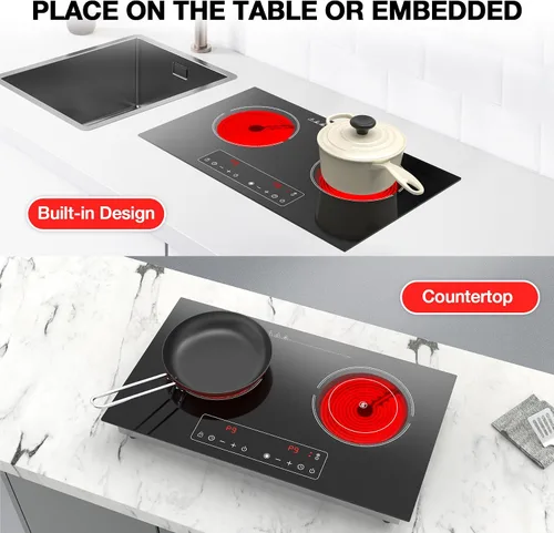 Miniatura 9 de Cocina eléctrica, 110 V, 2400 W, 2 quemadores, encimera y estufa integrada con 9 niveles de potencia, bloqueo de seguridad para niños, temporizador