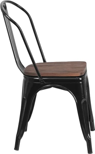 Miniatura 6 de EMMA + OLIVER Silla apilable de metal negro con asiento de madera