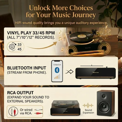 Miniatura 6 de Tocadiscos de vinilo con altavoces integrados, tocadiscos Bluetooth todo en uno para 33/45 RPM, tocadiscos de alta fidelidad para discos de vinilo