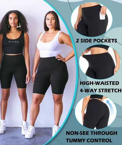 Miniatura 6 de NEW YOUNG Paquete de 3 pantalones cortos de ciclismo de talla grande con bolsillos para mujer, pantalones de yoga de cintura alta de 8 pulgadas