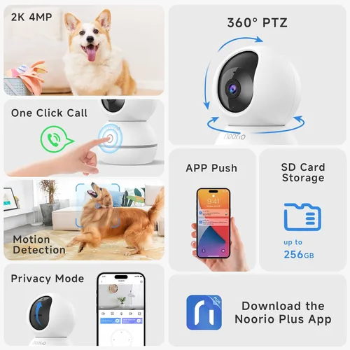 Miniatura 2 de Noorio Cámara de seguridad para interiores, cámara UHD de 4 MP para mascota/perro de 360 grados para seguridad del hogar, llamada de un solo toque
