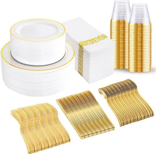 Miniatura 8 de BUCLA 350 platos de plástico plateado con cubiertos y servilletas de plástico desechables. Vajilla de plástico con borde plateado que incluye 50