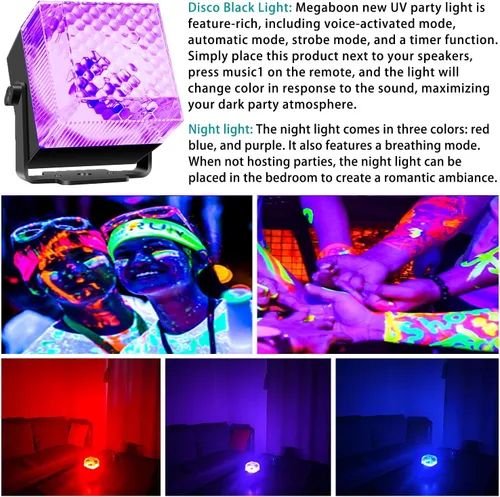 Miniatura 4 de Luces de fiesta de discoteca 2 en 1 con luz negra, luz de bola de discoteca UV de 10 W con luz estroboscópica activada por sonido, luces de fiesta