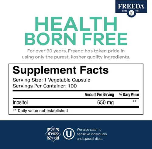 Miniatura 3 de FREEDA Myo-Inositol 650mg - Apoyo para el estado de ánimo, la calma y el bienestar - 100 cápsulas Pure Vitamin B8 inositol supplement for mood