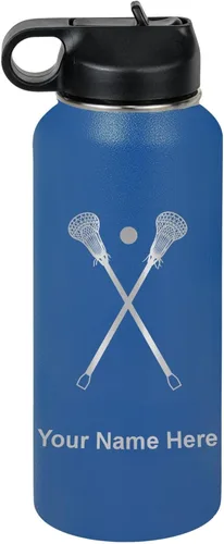 Miniatura 50 de LaserGram Botella de agua personalizada, palitos de lacrosse, acero inoxidable de doble pared aislada al vacío con popote superior, regalo grabado