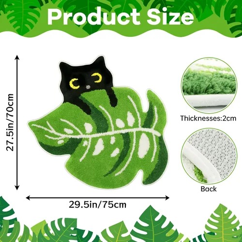 Miniatura 2 de Alfombras de baño con hojas verdes, alfombra Monstera de gato negro, alfombra de baño grande y bonita de 30 x 28 pulgadas, alfombras suaves