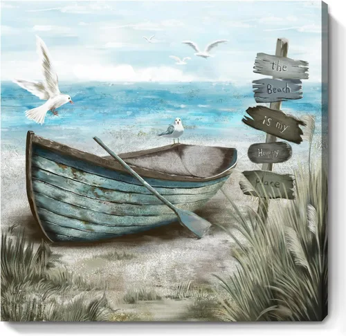 Arte de pared para baño, decoración costera, barco náutico en la playa, lienzo con imagen de gaviota del océano, paisaje marino, arte de granja para