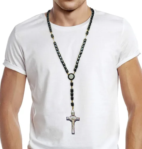 Miniatura 7 de Catholica Shop Collar de cruz de plata con cuentas de madera Rosario I Religious Wear Saint Benedict I Collar de cruz negra para hombres y mujeres I