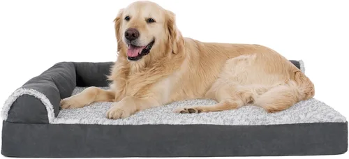 Miniatura 10 de Furhaven - Cama ortopédica de espuma para perros, de piel sintética y gamuza, en forma de L, en dos tonos estilo caja de huevos, color gris piedra