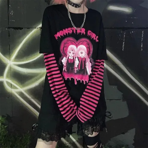 Miniatura 6 de PAROSEN Camisa gótica para mujer, camisas kawaii Harajuku moda gótica Y2K Grunge Tops para adolescentes niñas Anime manga larga