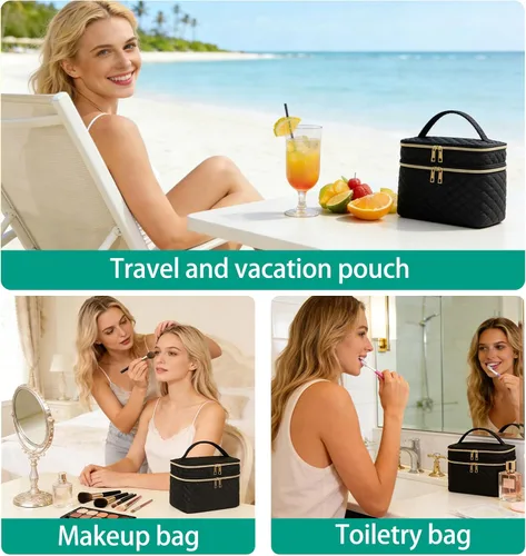 Miniatura 5 de Bolsa de maquillaje de viaje para mujer, estuche grande para cosméticos, resistente al agua, organizador para guardar artículos de tocador, A-Negro