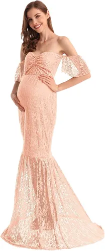 Miniatura 3 de AYMENII Vestido de maternidad de encaje de sirena con hombros descubiertos con volantes de manga de fotoshoot de boda de noche vestido de ducha