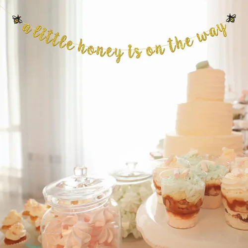 Miniatura 7 de Cartel con texto en inglés "A Little Honey is on The Way" con purpurina dorada con temática de abejorros y abejas, revelación de género, decoración