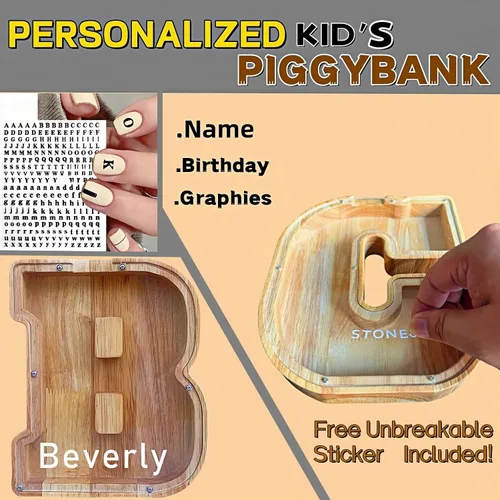 Miniatura 4 de YWMSGM Alcancía grande de madera para niños y niñas, 26 letras alcancía con nombre, bendición, bricolaje, regalo personalizado para el día del niño