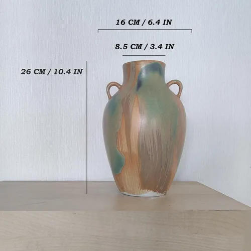 Miniatura 6 de Cerámica de Terracota – Jarrón Decorativo Único de Estilo Rústico de 10" con Asa, Jarrón Bohemio Neutro Verde Esmaltado Amarillo Tierra
