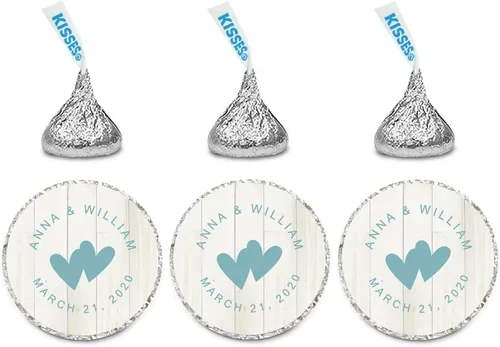 Miniatura 47 de Andaz Press Etiquetas personalizadas de gota de chocolate para boda, nombres y fecha redondos de novios, azul bebé, paquete de 240, personalizadas
