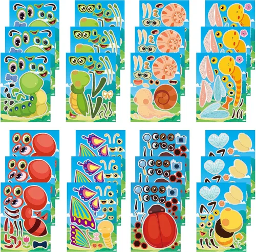 Miniatura 31 de 24 hojas de calcomanías de abeja para hacer una cara, lindos juegos de fiesta de animales, calcomanías para mezclar y combinar, haz tus propias vaca