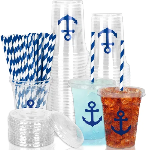 Miniatura 17 de Whaline 50 vasos de plástico desechables patrióticos de 12 onzas con tapas y pajitas con la bandera estadounidense del 4 de julio, vasos