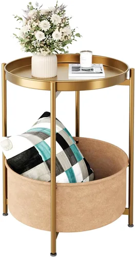 Mesa auxiliar dorada, mesa auxiliar dorada champán, mesa auxiliar pequeña dorada, mesita de noche redonda para niños con canasta, mesa decorativa