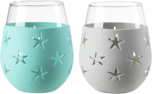 Hyperspace Copa de vino sin tallo de 20 onzas, vaso para bebidas con funda protectora de silicona, juego de 2 piezas (estrella turquesa y gris)