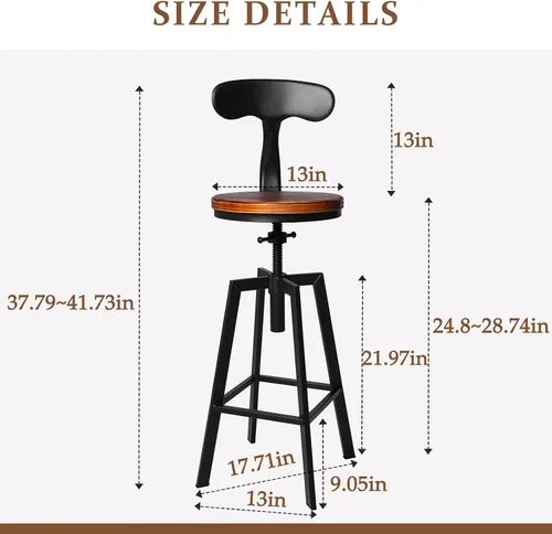Miniatura 3 de Juego de 2 taburetes de bar industriales con respaldo, asiento giratorio de madera, altura ajustable, 25-32 pulgadas, taburete de isla de cocina