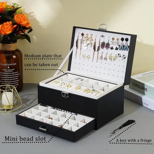 Miniatura 5 de BOOVO Joyero de aretes para mujer y niña, organizador de aretes de 5 capas, caja organizadora de joyas con cerradura para aretes, organizador