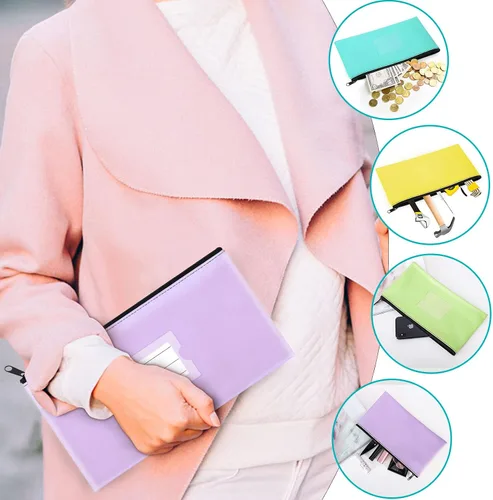 Miniatura 3 de Paquete de 4 bolsas de dinero para depósitos bancarios, cartera de cuero sintético resistente con cremallera con ventana transparente, bolsa