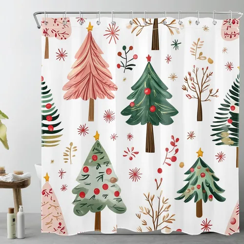 Miniatura 13 de LB Cortina de ducha de árbol de Navidad para baño, cortina de ducha abstracta de tela de pino nevado rosa y verde con ganchos, juego de cortina