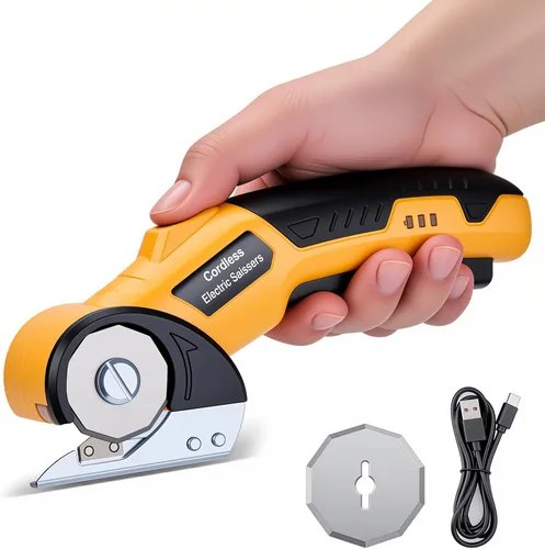 Tijeras eléctricas, cortador de cartón con 2 cuchillas, bloqueo de seguridad y luz LED, tijeras eléctricas inalámbricas para cortar, alfombras,