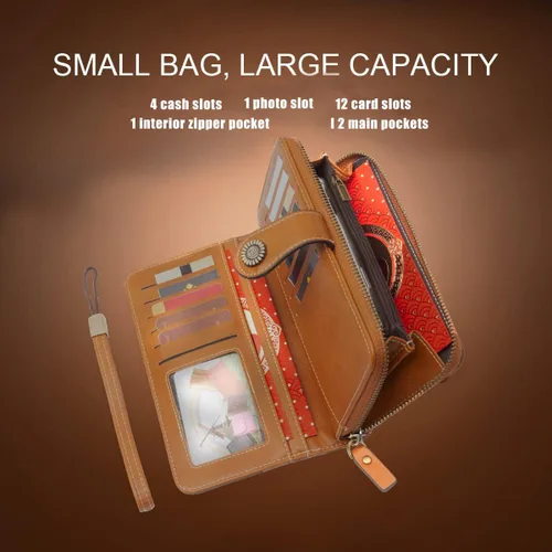 Miniatura 9 de Leathario Carteras para las mujeres de cuero de gran capacidad de crédito 16 titular de la tarjeta titular organizador vintage, Marrón, Vintage