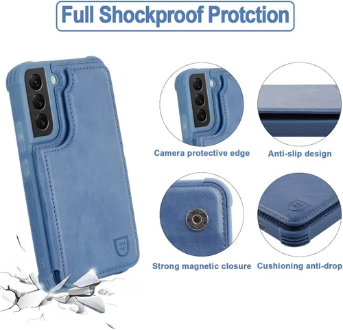 Miniatura 3 de VANAVAGY Funda tipo cartera compatible con Galaxy S22 con soporte para tarjetas de bloqueo RFID, piel sintética, cierre magnético, función atril