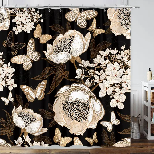 Cortina de ducha de mariposa floral negra y dorada, cortina de ducha bohemia con diseño botánico de flores oscuras para baño con gancho, juego de