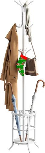 Miniatura 8 de Perchero independiente con soporte para paraguas, perchero con 12 ganchos, abrigo de metal, abrigo de árbol y sombrero, chaqueta de entrada (negro)