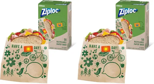 Miniatura 10 de Bolsas de papel para sándwiches y aperitivos Ziploc, reciclables y sellables con diseños divertidos, 50 bolsas en total