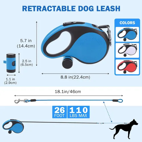 Miniatura 5 de SCENEREAL Correa retráctil para perros pequeños, medianos y grandes de hasta 110 libras, cinta de nailon sin enredos de 26 pies y 360° con cuerda