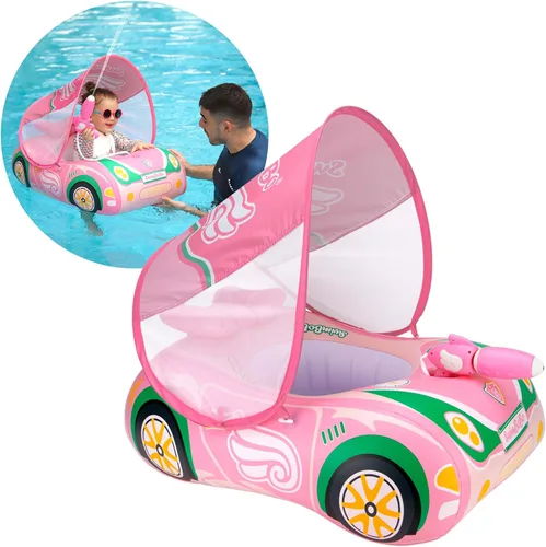Toddler Pool Float Inflatable Car Baby Swim Float with Adjustable Sun Canopy and Safety Seat Pool Toys for Kids 3+ Years Old